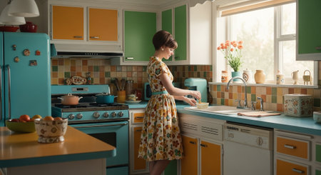 Beautiful young woman is cooking in the kitchen. She is standing in front of the stoveの素材
