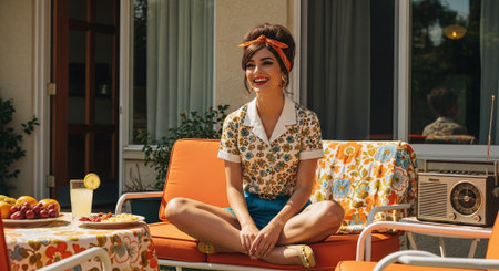 happy young woman sitting on sun lounger and looking at cameraの素材