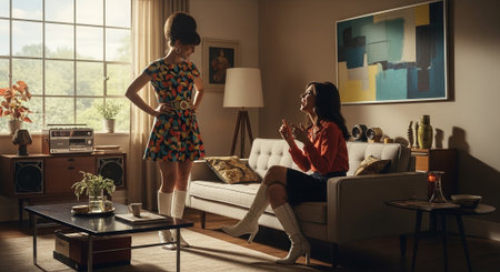 Two young women sitting on sofa and talking in living room at homeの素材