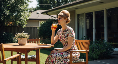 Young beautiful woman drinking a glass of orange juice in a summer cafeの素材