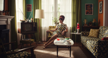Young woman sitting on the floor in a room with a sofa and a TVの素材