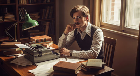 Handsome young writer sitting at his desk with typewriter and booksの素材