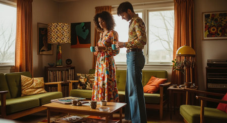 Young African-American couple dancing in the living room at home.の素材