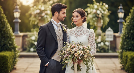gorgeous wedding couple celebrating their wedding day in the old cityの素材