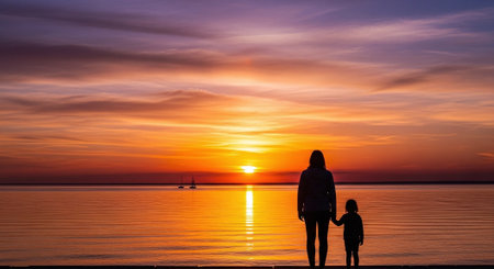 Silhouette of mother and daughter standing on the beach at sunset.の素材