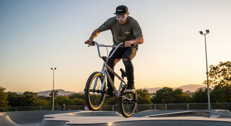 Portrait of a BMX rider performing tricks in a skateparkの素材