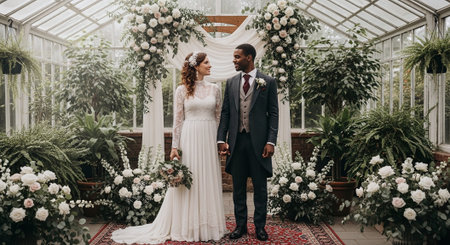 Beautiful wedding couple, bride and groom posing in a greenhouse.の素材