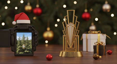 Digital camera with christmas gift box and xmas tree. 3d renderingの素材