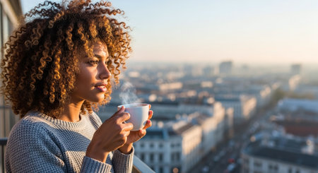 Beautiful young woman with afro hairstyle drinking coffee in the cityの素材
