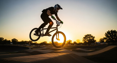 Silhouette of a bmx rider performing tricks at skateparkの素材