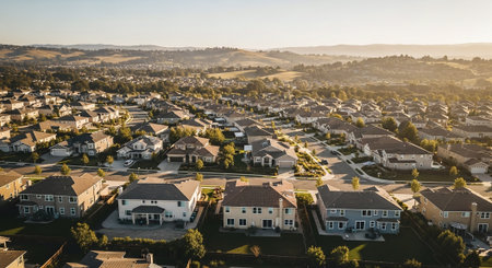 Aerial view of beautiful neighborhood with identical houses in the morning.の素材