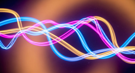 abstract color background with neon lines and bokeh defocused lightsの素材