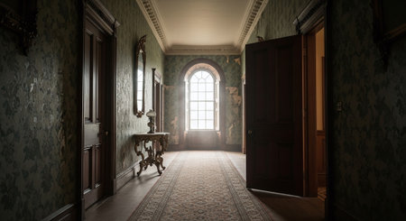 Interior of an old mansion with a window and a door.の素材
