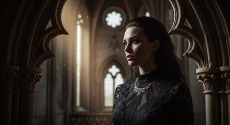 Beautiful young woman in a medieval castle. Gothic style portrait.の素材