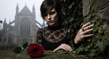 Gothic woman with rose in front of an old church.の素材