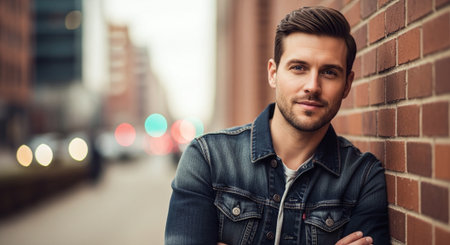 Handsome young man in jeans jacket is standing on the street and looking at camera.の素材