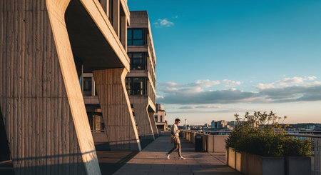 A young man runs along the waterfront in the city against the backdrop of modern architecture.の素材