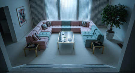 3d rendering of a living room with a sofa and a coffee tableの素材