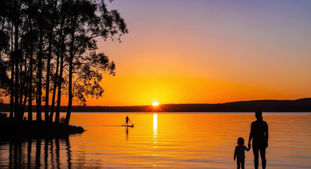 Silhouette of a man and a child on the lake at sunsetの素材