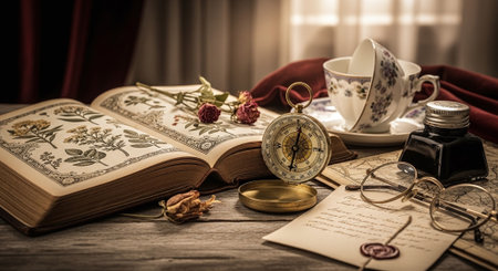 Vintage still life with antique compass, books, books and flowersの素材