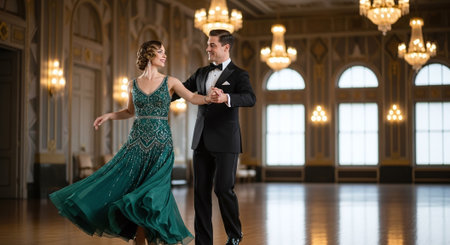 Beautiful couple dancing ballroom dance in a luxury hotel room.の素材