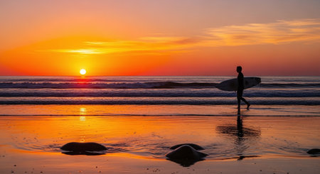 Surfer silhouette on the beach at sunset with a beautiful orange skyの素材
