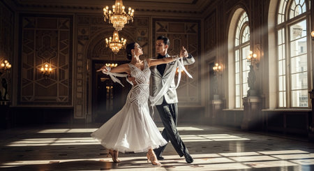 Couple dancing ballroom dance in the room with classic interior.の素材
