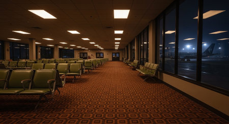 Interior of an airport terminal at night with green chairs and windowsの素材