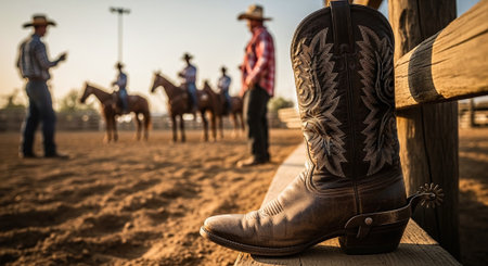 Cowboy boots on a ranch in the evening, cowboy on horsebackの素材