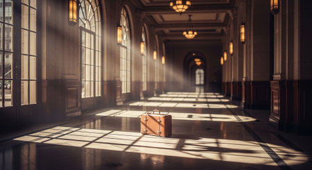 Suitcase in a corridor of an old building, illuminated by sunlightの素材