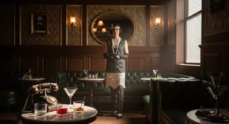 Beautiful young woman in a restaurant with a retro telephone and a cocktailの素材
