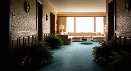 Interior of a hotel room with a large window. 3D renderingの素材