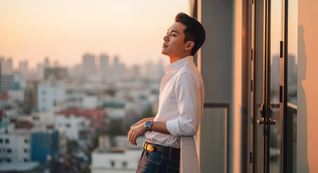 Portrait of young handsome asian man in white shirt standing on balcony at sunset.の素材