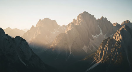 Panoramic view of the mountains in the rays of the rising sunの素材