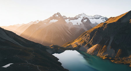 Panorama of lake and mountains in Cordillera Huayhuash, Peruの素材
