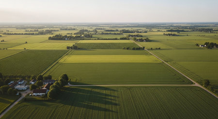 Aerial view of the green agricultural fields in the countryside at sunset.の素材