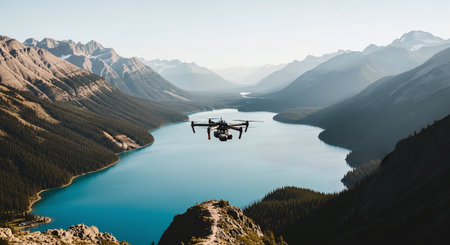 Drone flying over mountain lake. 3D Rendering, 3D illustrationの素材