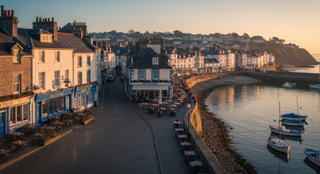 Aerial view of the harbour at sunset in St Malo, Brittany, Franceの素材