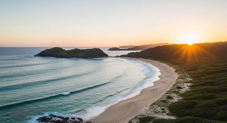 Aerial view of a beautiful beach at sunrise in the morning.の素材