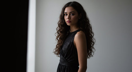 Portrait of a beautiful girl with long curly hair in a black dress.の素材