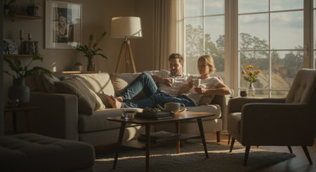 Couple watching tv at home in the living room. Young man and woman sitting on the sofa and drinking coffee.の素材