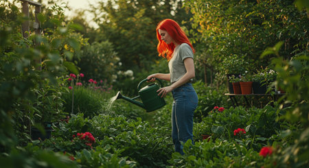 Beautiful red-haired woman watering plants in the garden at sunsetの素材