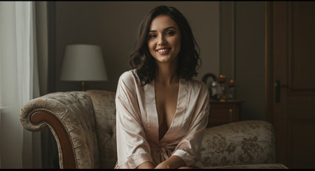 Portrait of a beautiful young brunette woman in pajamas.の素材