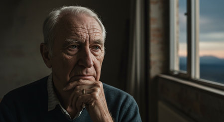 Portrait of thoughtful senior man looking away while standing near window at homeの素材