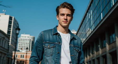 Portrait of a young handsome man in a denim jacket, outdoorsの素材