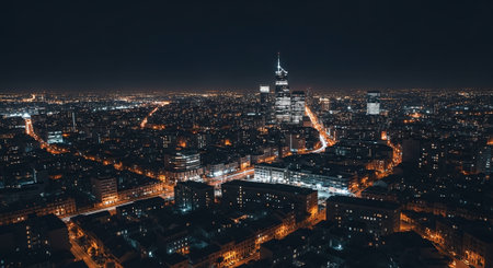 Aerial view of the skyline of Frankfurt am Main at night, Germanyの素材