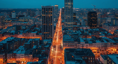 Aerial panoramic view of Frankfurt am Main at night, Germanyの素材