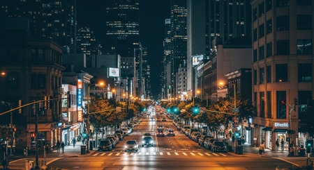 Chicago downtown street at night. Chicago is the third most populous city in the United States.の素材