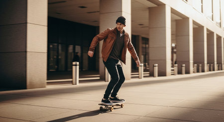 Skateboarder rides on a skateboard in the city.の素材