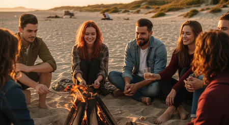 Group of friends sitting near bonfire on beach, talking and laughingの素材